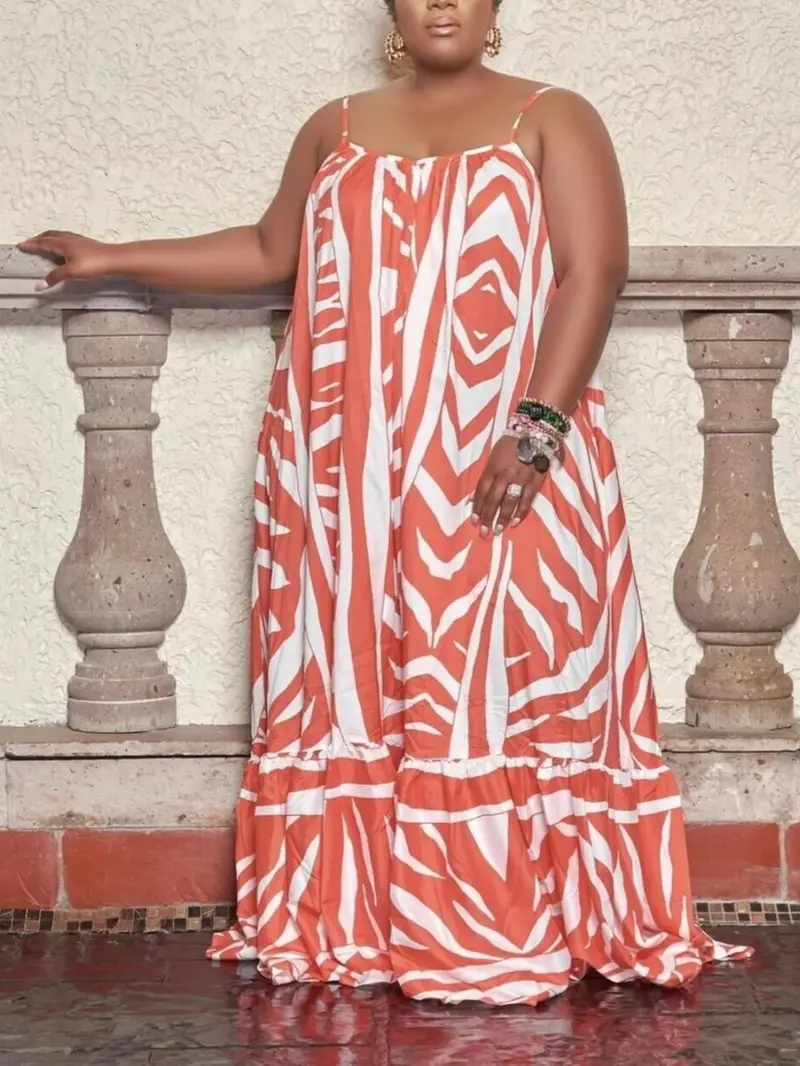Plus Size Zebra Print Ruffle Hem Maxi Cami Dress, Women's Plus
